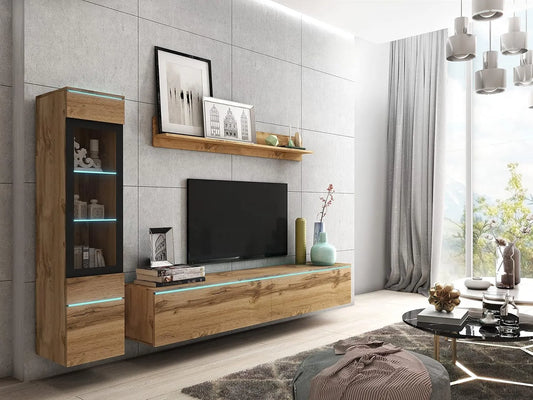 Ensemble Meubles Salon Moderne avec Vitrine, Meuble TV et Étagère, Couleur Wotan, Éclairage LED Optionnel