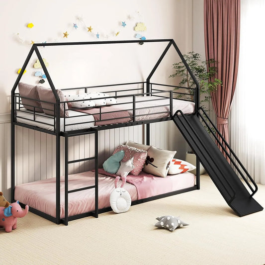 Lit Mezzanine pour Enfants avec Toboggan et Échelle, 90x200 cm, Structure Métallique avec Barrière de Sécurité, Noir