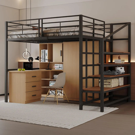 Lit mezzanine moderne 140x200 cm noir avec escalier et grand rangement intégré