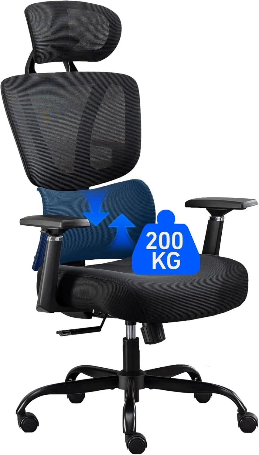 Chaise de Bureau Ergonomique avec Support Lombaire Réglable, Maille Respirante et Appuie-tête, Accoudoirs 3D, Fonction Inclinable, Capacité 200 kg