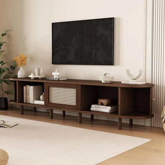 Meuble TV en Noyer avec Portes Coulissantes et Tiroir, Détails Rotin, 180x40x40 cm