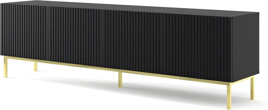 Meuble TV Ravenna en Bois avec Cadre Doré - 4 Portes, Noir Mat, 200x42x58 cm