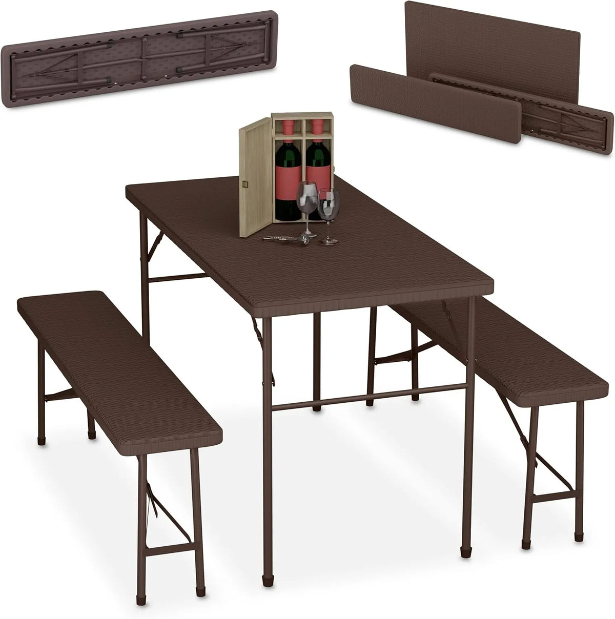 Ensemble Table et Bancs Pliants en Rotin pour Jardin ou Camping, 120 cm, Marron