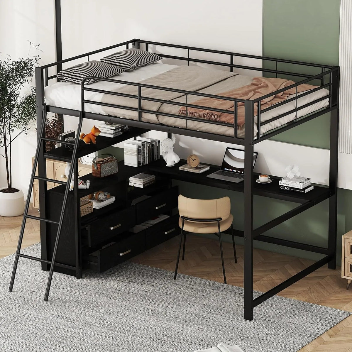 Lit mezzanine en métal noir 140x200 cm avec bureau en L et tiroirs intégrés