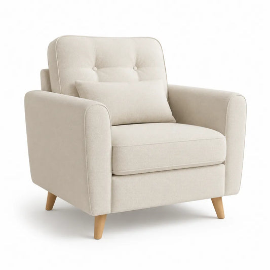 fauteuil 1 place 86 cm x 82 cm x 88 cm tissu polyester beige dossier capitonné pieds bois massif hêtre