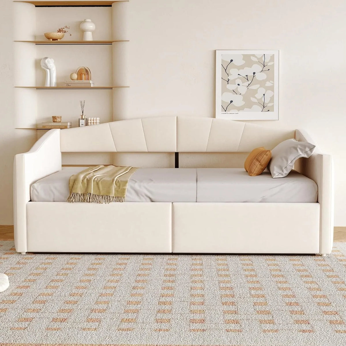 Lit-canapé multifonction 90x200 cm avec support hydraulique et revêtement en velours beige