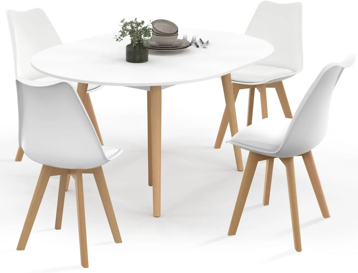 IDMarket - Table Ronde Extensible Angela 110-150 cm avec 4 Chaises SARA Blanches