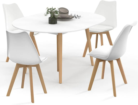 IDMarket - Table Ronde Extensible Angela 110-150 cm avec 4 Chaises SARA Blanches