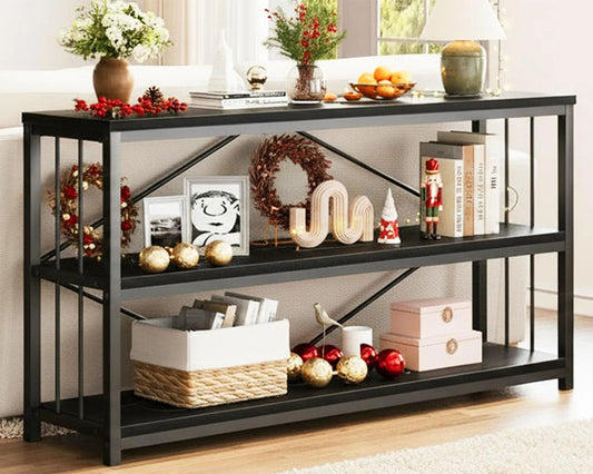 Console d'entrée noire moderne, table industrielle étroite pour couloir ou salon