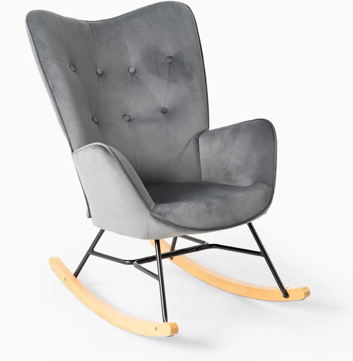 Chaise à Bascule Scandinave en Velours Gris pour Salon et Chambre, Pieds en Bois Massif - Confort Allaitement