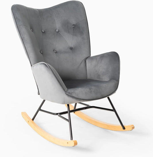 Chaise à Bascule Scandinave en Velours Gris pour Salon et Chambre, Pieds en Bois Massif - Confort Allaitement