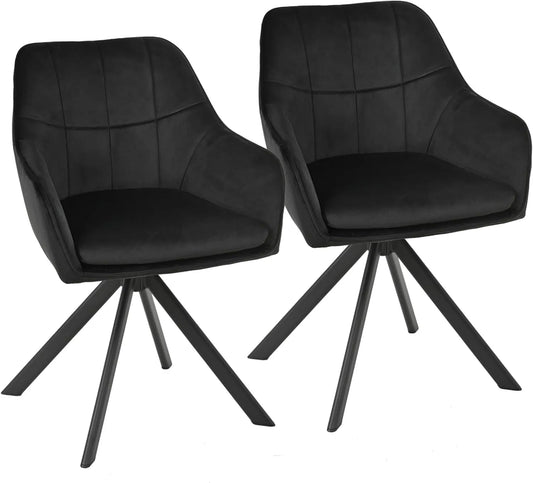 Ensemble de 2 Chaises en Velours Noir Pivotantes 360° avec Accoudoirs – Pieds en Métal pour Salle à Manger, Cuisine ou Bureau