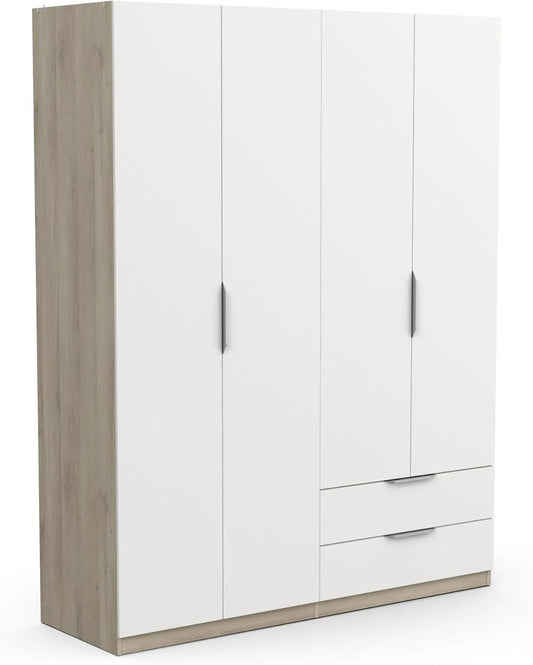 Armoire Moderne 4 Portes avec Penderie et Tiroirs, Chêne Kronberg et Blanc Mat