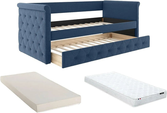 Lit Banquette Gigogne Louise 2x90x190cm en Tissu Bleu avec Matelas pour Enfants