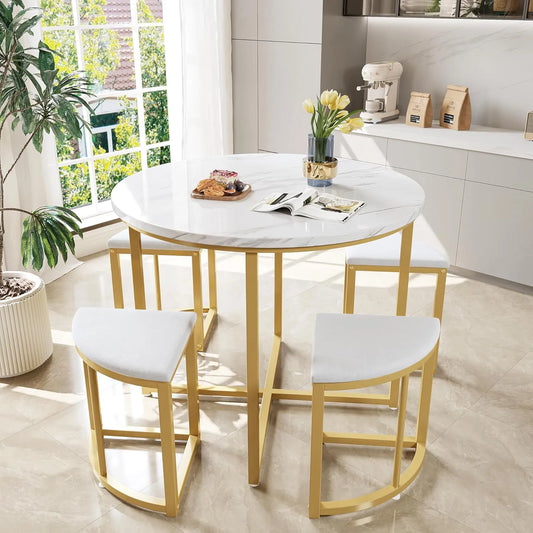 Ensemble de Salle à Manger WASAGA: Table Luxe Moderne et 4 Chaises en Velours, Plateau MDF et Cadre en Fer Doré (Blanc/Or)