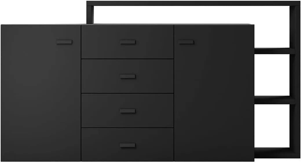 Buffet Noir Super Mat 180cm avec Étagère Intégrée - Collection Bergame