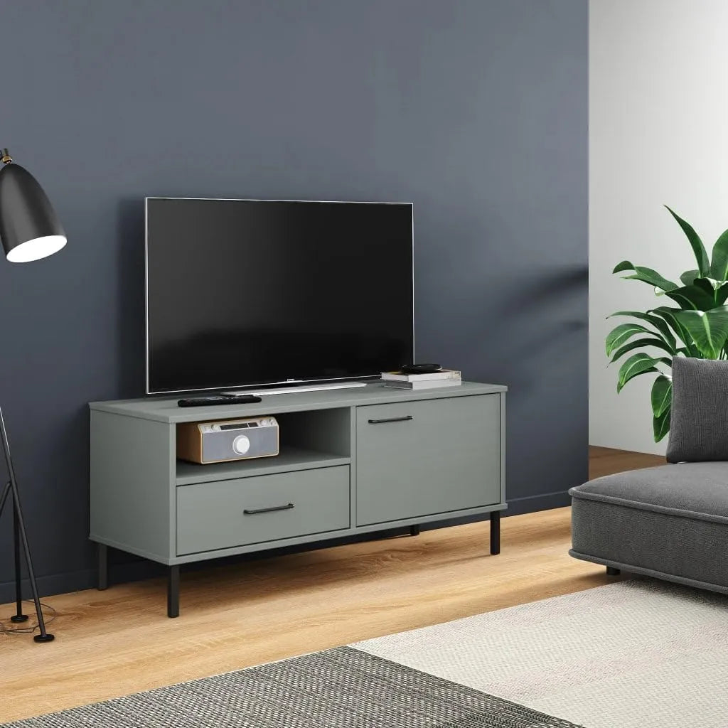 Meuble TV Oslo en pin massif avec pieds en métal gris, buffet moderne avec 2 compartiments et tiroir pour salon, bureau, 106 cm de large