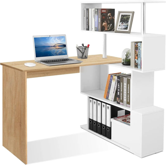 Mondeer Bureau Informatique avec Étagère à 4 Niveaux, Table de Travail Chêne et Blanche pour Bureau d'Étude, 157x45x130,5 cm