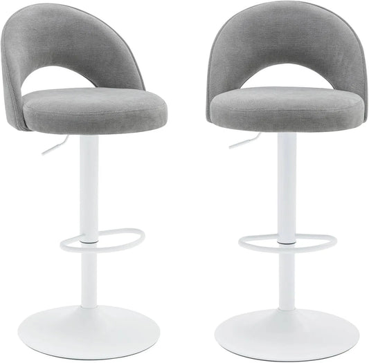Sweeek - Ensemble de 2 Tabourets de Bar Réglables en Métal et Tissu Gris Clair, Pieds Blancs - Abby