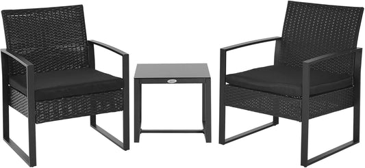 Ensemble de Jardin 3 Pièces en Résine Tressée Noire avec Coussins
