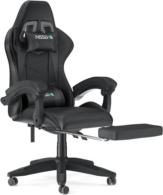 Chaise Gaming Ergonomique en Cuir PU, Réglable avec Support Lombaire et Têtière, Dossier Inclinable à 155°, Fauteuil Gamer avec Repose-Pieds pour Adultes et Enfants (Noir)