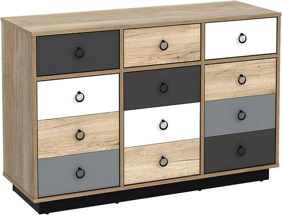Commode Moderne Krypton - 3 Tiroirs, 3 Portes - Chêne, Blanc, Gris