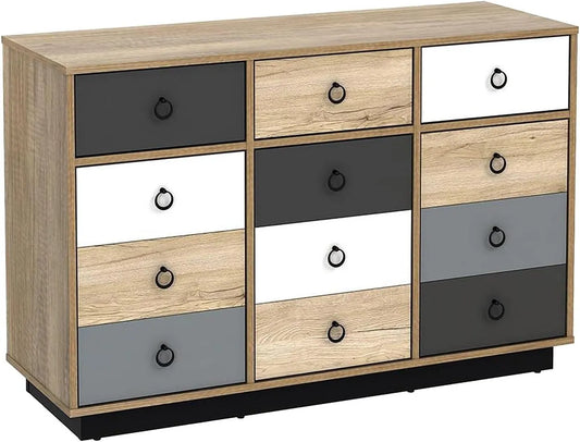 Commode Moderne Krypton - 3 Tiroirs, 3 Portes - Chêne, Blanc, Gris