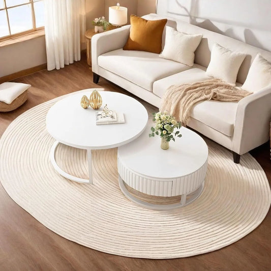 Ensemble de Tables Basses Gigogne en Marbre Blanc avec Rangement, Structure Métallique, 50+70cm