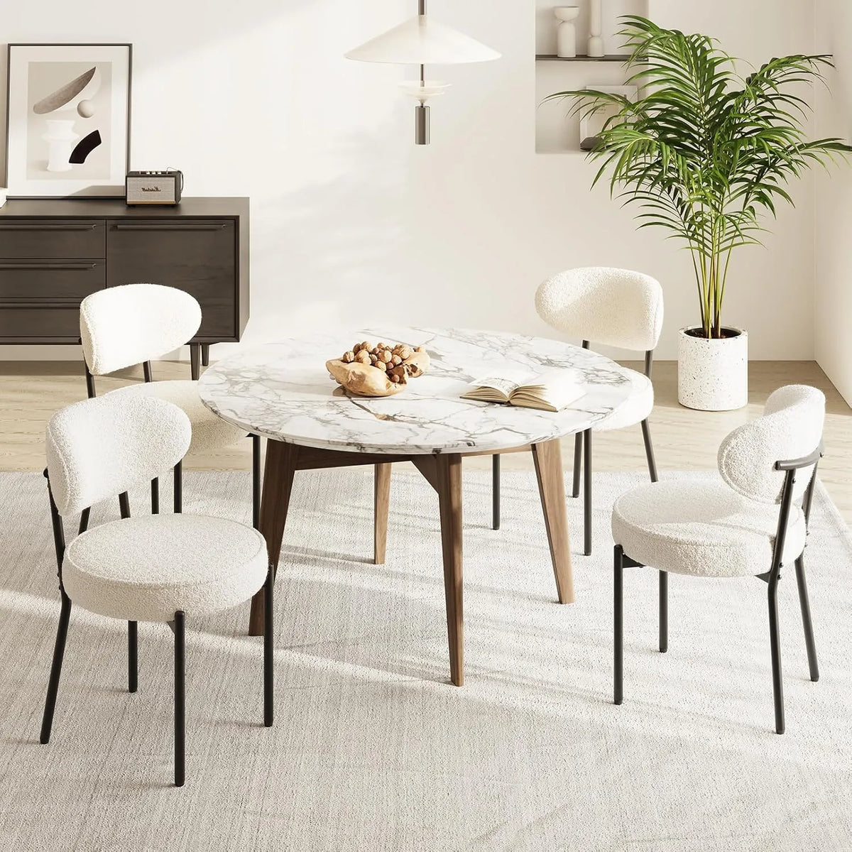 Ensemble de 4 chaises de salle à manger confortables en tissu doux avec structure métallique, blanches