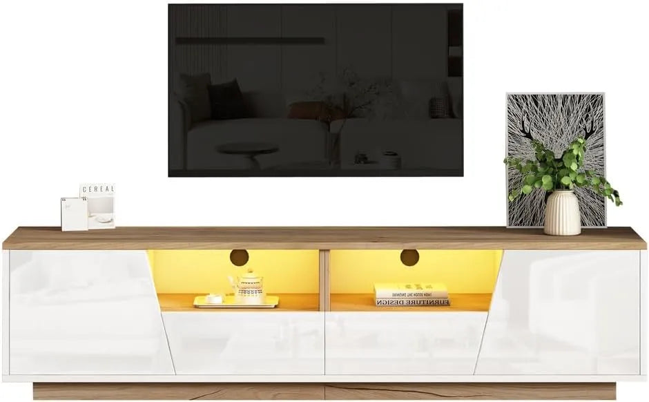 Meuble TV Moderne avec LED, 180 cm, Blanc et Bois, 2 Tiroirs, 2 Placards