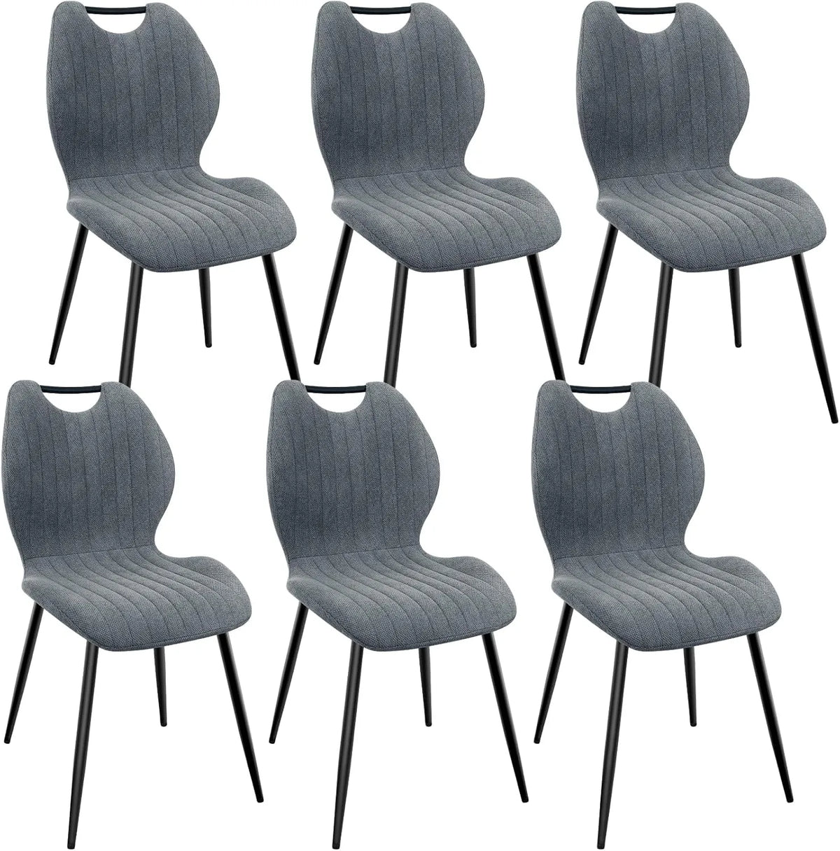 Ensemble de 6 chaises rembourrées en tissu gris foncé avec pieds en métal noir pour salle à manger