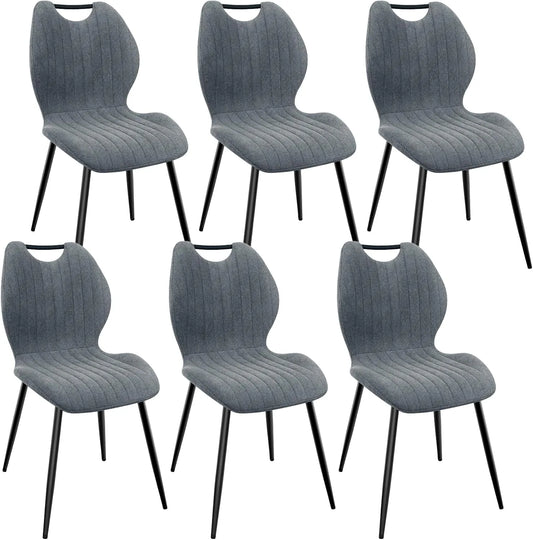 Ensemble de 6 chaises rembourrées en tissu gris foncé avec pieds en métal noir pour salle à manger