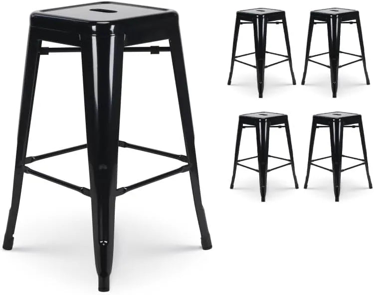 Ensemble de 4 tabourets de bar industriels en métal noir brillant, hauteur 66 cm