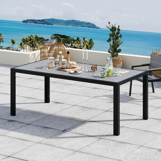 Table de Jardin en Aluminium Résistante aux Intempéries, 189x80x74 cm, Style Bois, Entretien Facile, Capacité 6-8 Personnes, Gris