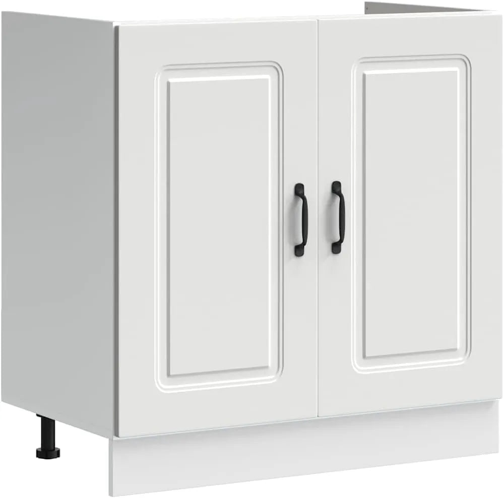 Armoire de Cuisine Kalmar Blanc: Meuble Bas sous Évier 80x46x81,5cm en Bois Composite