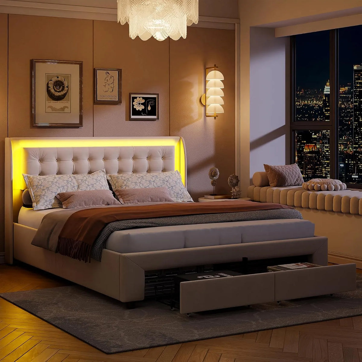 Lit Double 140x190 cm avec LED et Ports USB, Velours Blanc, Coffre avec Tiroirs et Sommier à Lattes