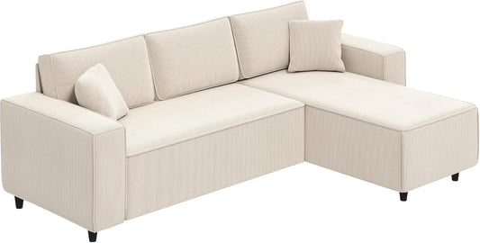 Canapé d'Angle Réversible en Velours Côtelé 3 Places avec Coussins à Ressorts, 241x153x83cm, Style Moderne, Capacité 450kg, pour Salon ou Chambre, Crème