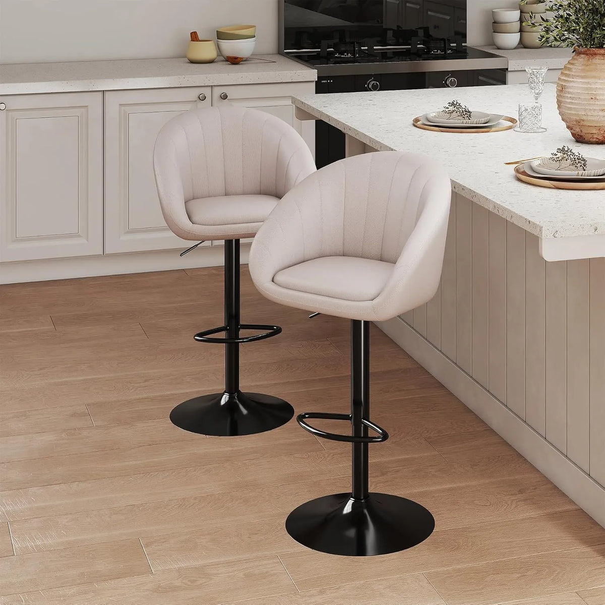 Youhauchair Lot de 2 Tabourets de Bar Réglables, Pivotants en Lin Beige avec Dossier