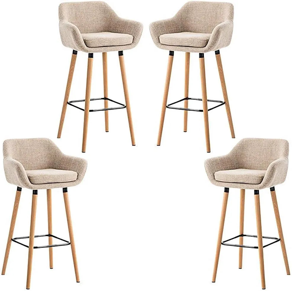 Lot de 4 Tabourets de Bar en Lin avec Dossier, Accoudoirs et Pieds en Bois, 64 cm - Beige