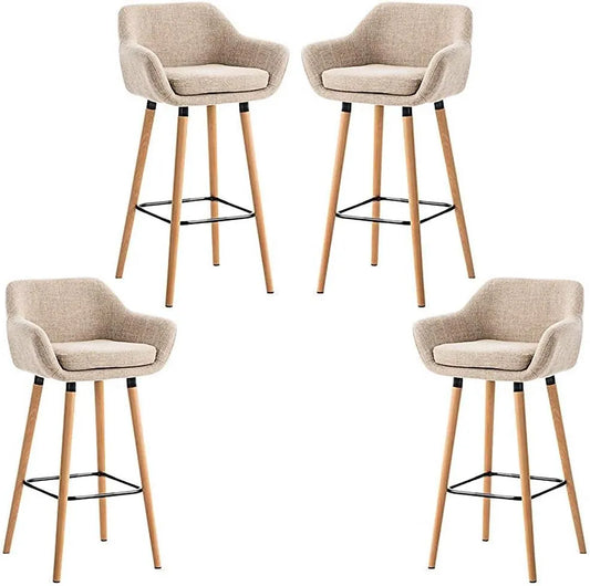 Lot de 4 Tabourets de Bar en Lin avec Dossier, Accoudoirs et Pieds en Bois, 64 cm - Beige