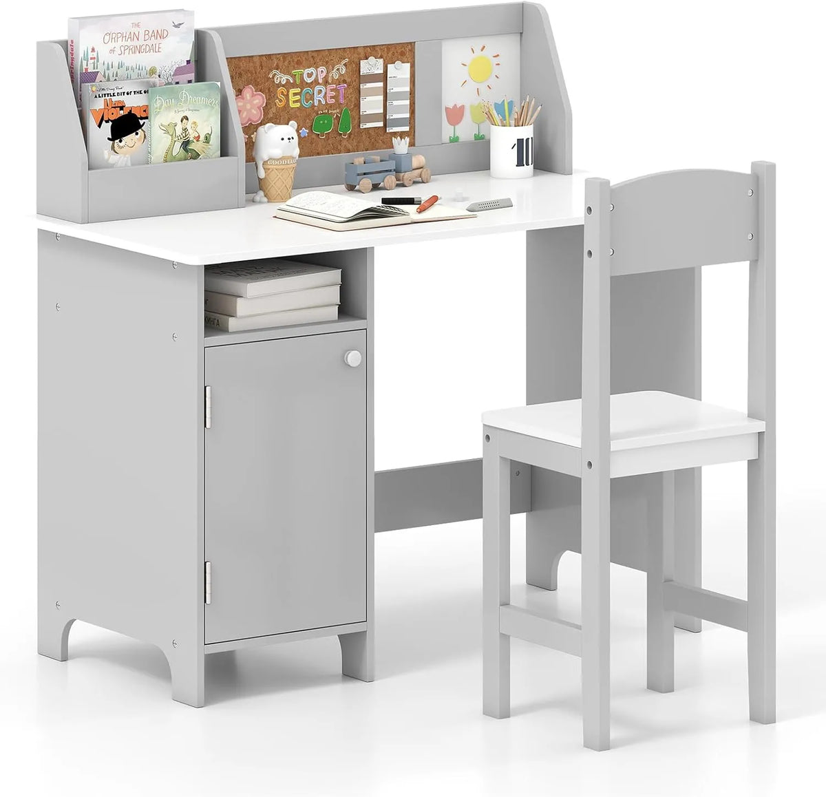 Ensemble Bureau pour Enfants avec Chaise, Étagère et Tableau, Meuble de Rangement en Bois, Capacité 50/90kg, Convient dès 3 Ans (Gris)