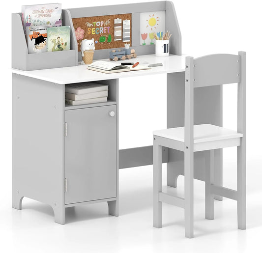 Ensemble Bureau pour Enfants avec Chaise, Étagère et Tableau, Meuble de Rangement en Bois, Capacité 50/90kg, Convient dès 3 Ans (Gris)