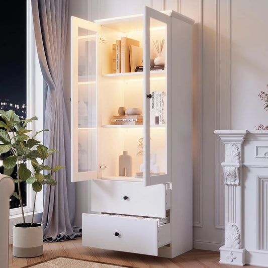 Armoire en Verre Blanche avec LED Multicolores, 2 Portes et 2 Tiroirs, Meuble de Salon Moderne, 60x36x165 cm