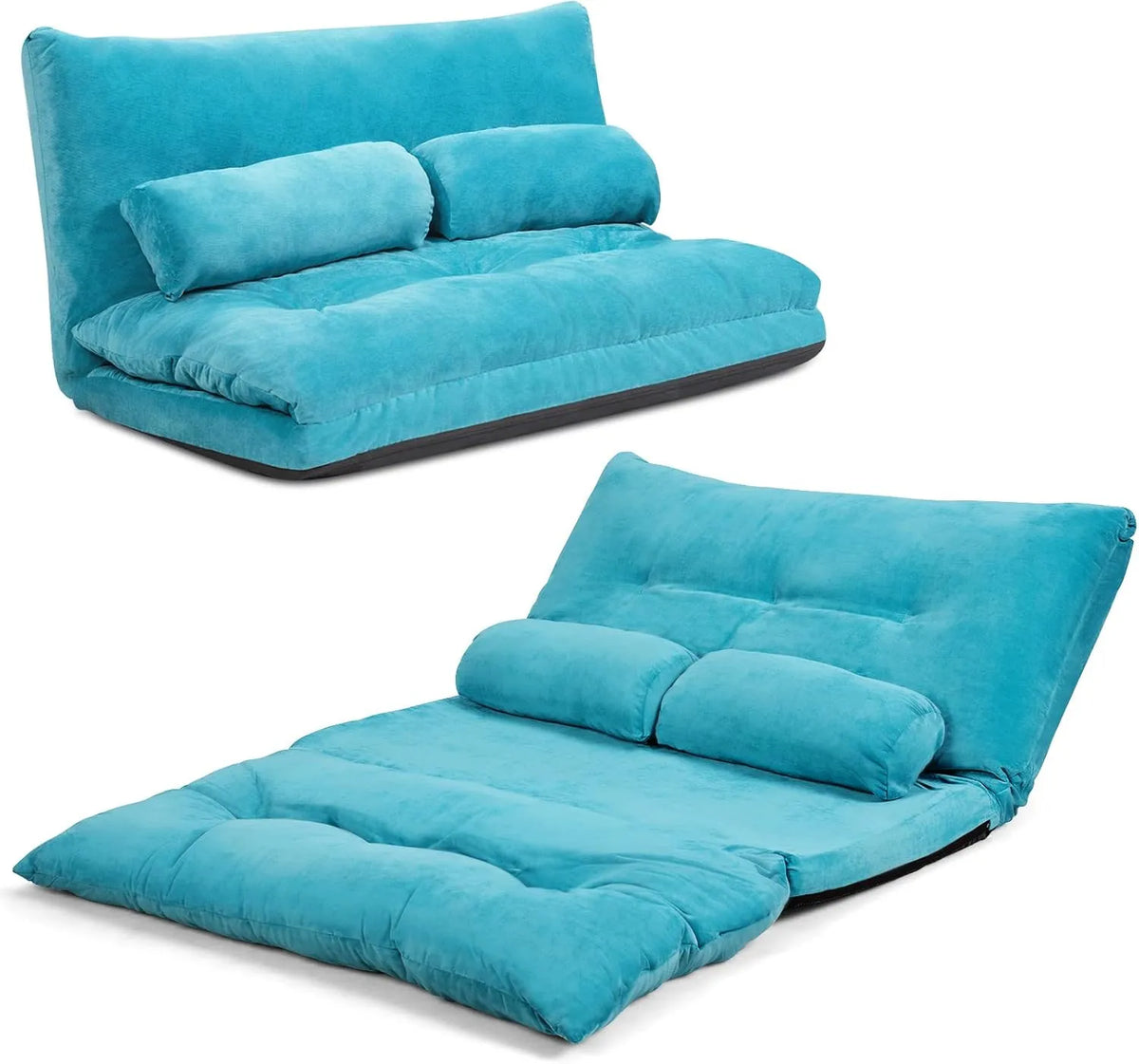 Canapé de Sol Convertissable 2 Places en Velours, Réglable 6 Positions avec Coussins, Charge 150KG - Bleu
