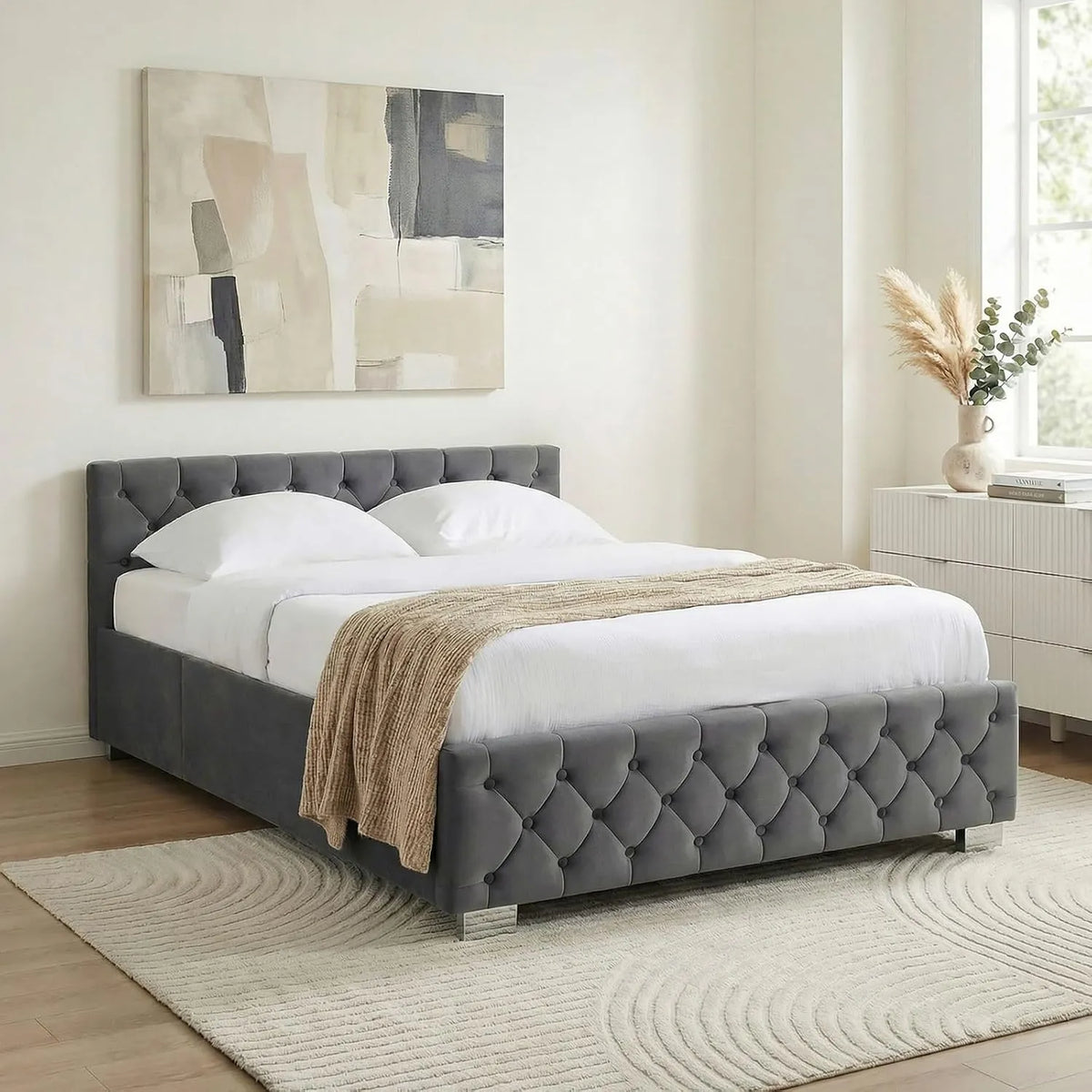 IDIMEX Lit Coffre Rembourré 140x190 cm, Velours Gris Foncé, Design Élégant avec Sommier à Lattes