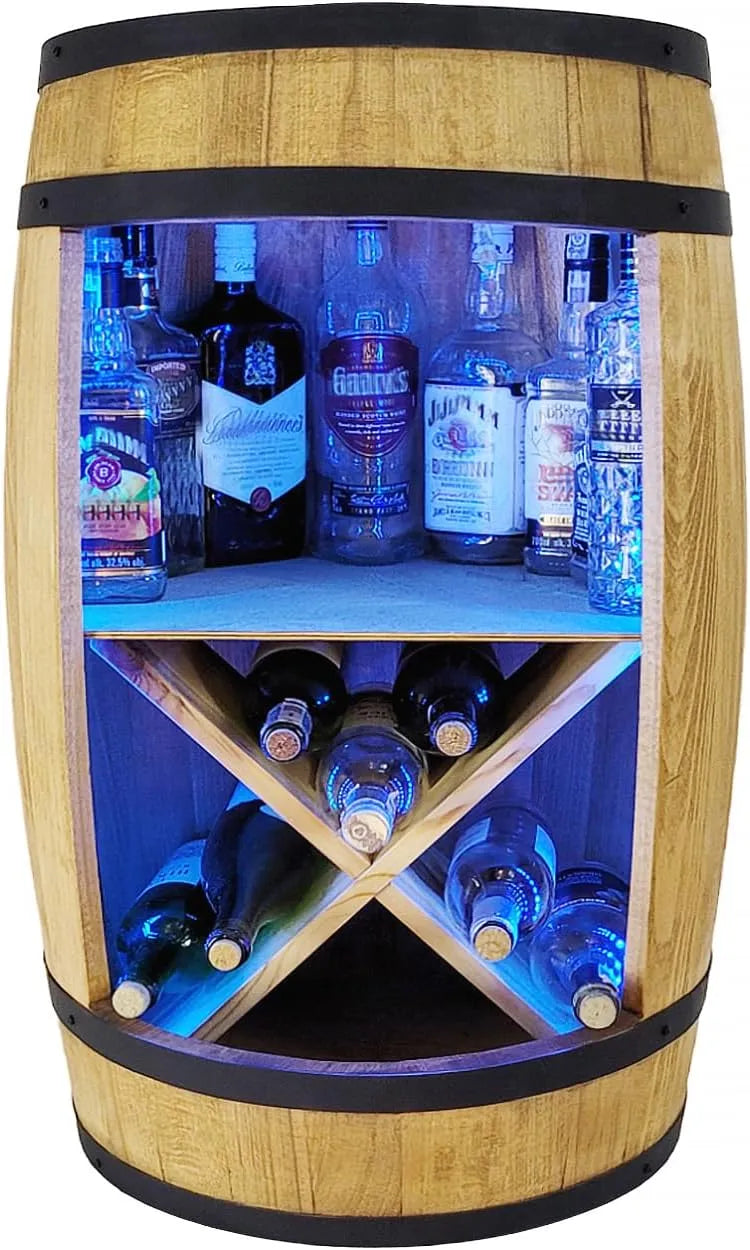 Baril de Bois avec LED 81 cm - Armoire à Vin et Spiritueux - Casier pour Whisky, Bière, Gin - Meuble Rétro Fait Main - Idée Cadeau pour Homme