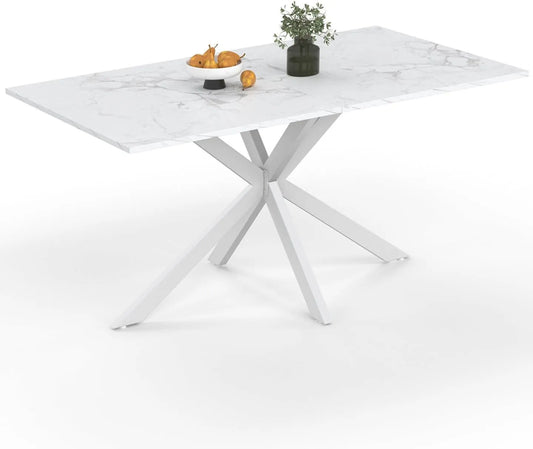 Grande Table à Manger Alix pour 8 avec Pieds Araignée Blanc et Plateau Effet Marbre