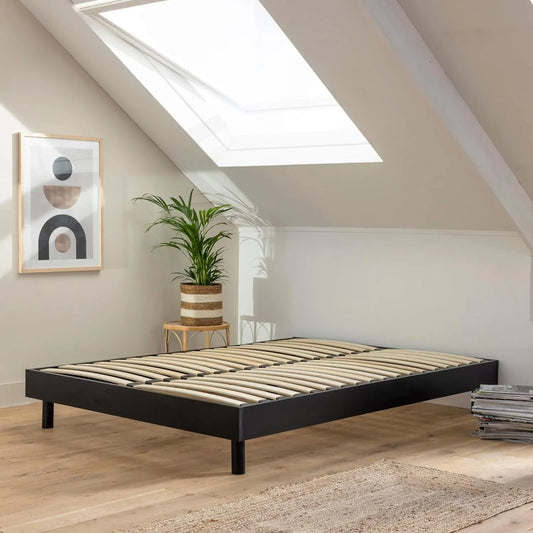 Cadre de Lit en Bois Massif Noir 140x190 avec Sommier Intégré