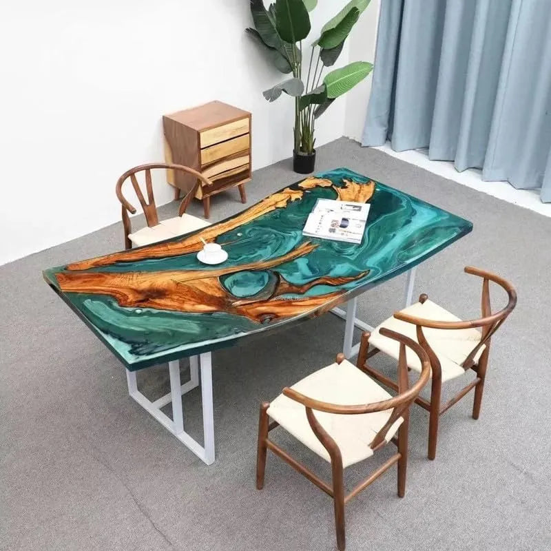 Table basse moderne en érable et métal avec résine scintillante - Dimensions 91,4 x 183 cm