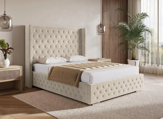 Lit Coffre Velours Beige 140x190 cm Design Élegant